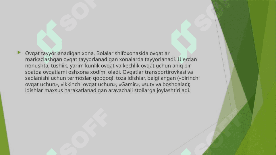 Bolalarni shifoxona sharoitida ovqatlantirishni tashkil qilish. Oshxona va ovqat tarqatish xonasini jixozlanishi. Idish tovoqlarni yuvish va dezinfeksiya qilish. 2