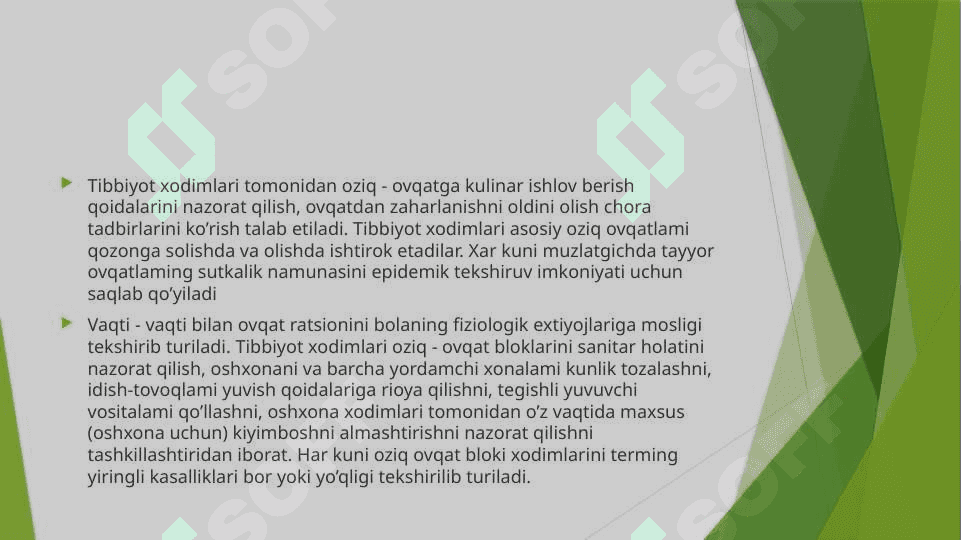 Bolalarni shifoxona sharoitida ovqatlantirishni tashkil qilish. Oshxona va ovqat tarqatish xonasini jixozlanishi. Idish tovoqlarni yuvish va dezinfeksiya qilish. 3