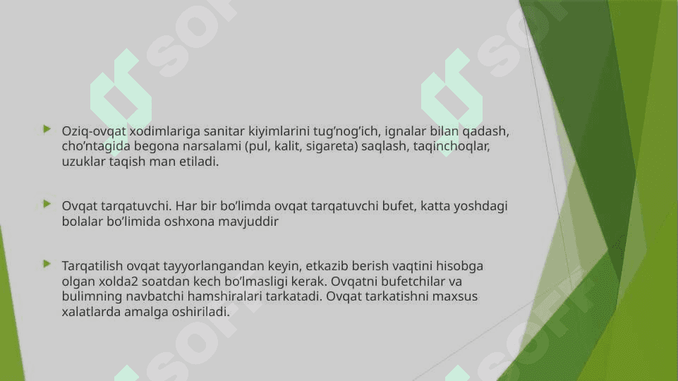 Bolalarni shifoxona sharoitida ovqatlantirishni tashkil qilish. Oshxona va ovqat tarqatish xonasini jixozlanishi. Idish tovoqlarni yuvish va dezinfeksiya qilish. 4