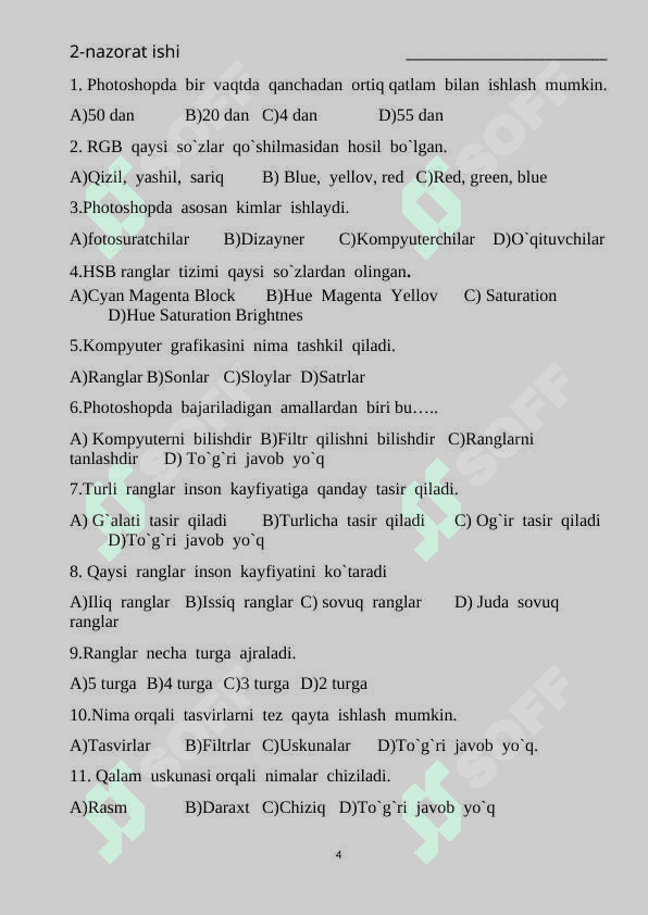 INFORMATIKA fanidan  NAZORAT ISHLARI DAFTARI 11-sinf 4