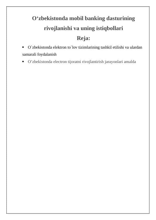 О‘zbekistonda mobil banking dasturining rivojlanishi va uning istiqbollari