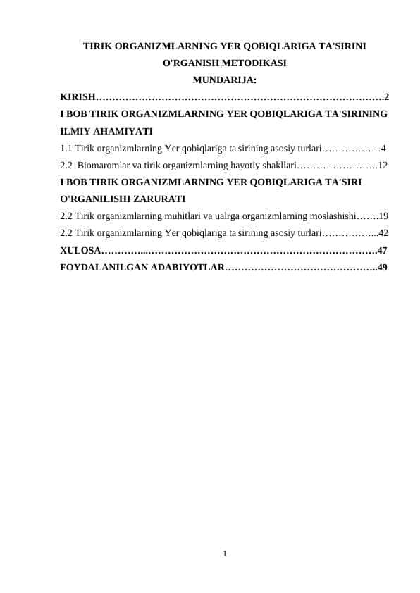 TIRIK ORGANIZMLARNING YER QOBIQLARIGA TA'SIRINI O'RGANISH METODIKASI