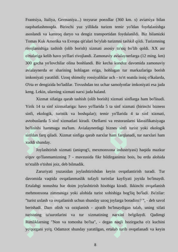 Turizm sohasidagi xizmatlar va mahsulotlar 8