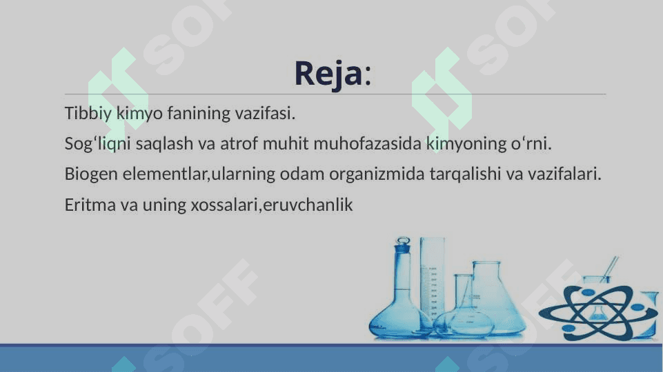 Tibbiy kimyoga kirish. Kimyo va atrof muhit. Biogen elementlar. Eritmalar. Moddalar eruvchanligi 6