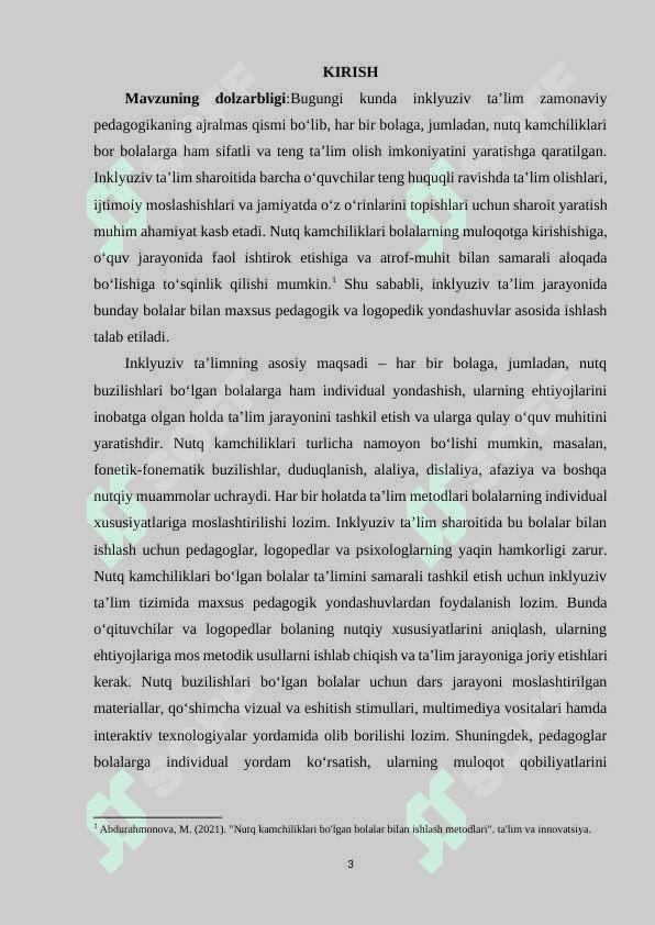 Inklyuziv ta'lim jarayonida nutq kamchiligi bor bolalar ta'limini tashkil etish davr talabi sifatida. 2
