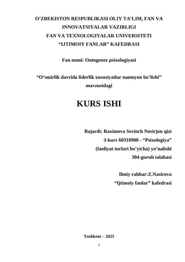 O‘smirlik davrida liderlik xususiyatlar namoyon bo’lishi