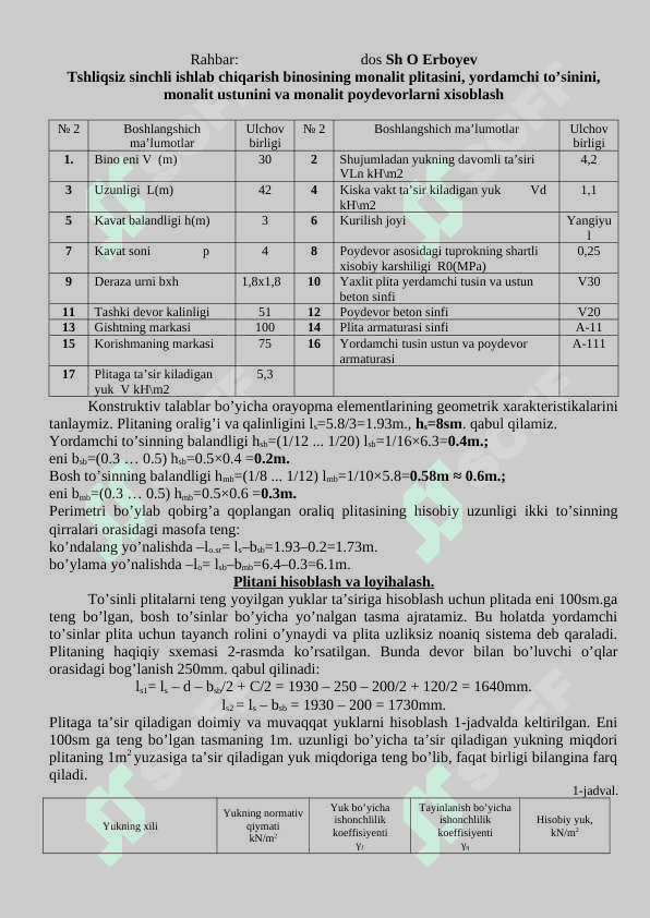 Bir va ko’p qavatli sanaot binosining temirbeton karkasli elementlarini loyihalash” 2