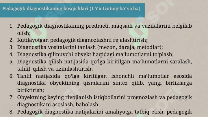 PEDAGOGIK DIAGNOSTIKA VA PEDAGOGIK KORREKSIYA. ELEKTRON PEDAGOGIKA VA UNING  O‘ZIGA XOS XUSUSIYATLARI 8