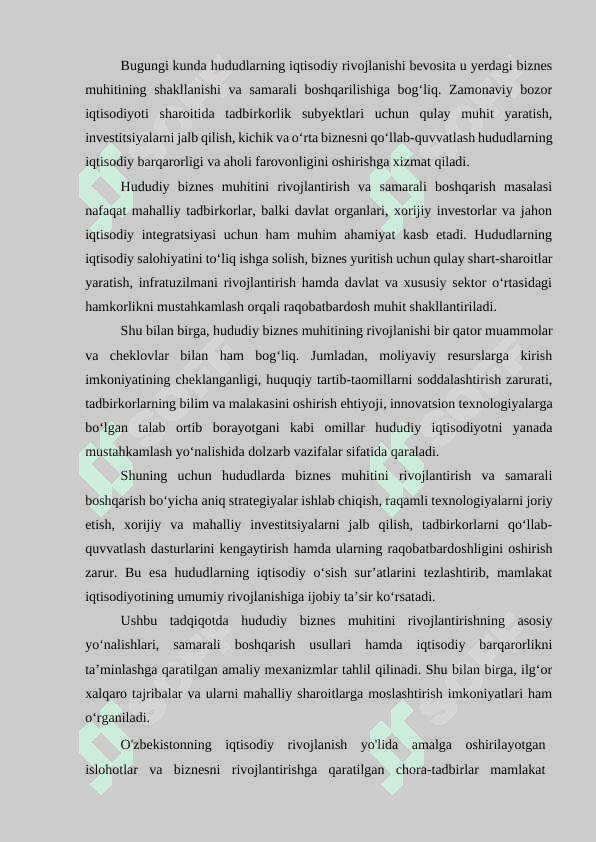 HUDUDLAR BIZNES MUHITINI RIVOJLANTIRISH VA SAMARALI BOSHQARISH YO'NALISHLARI 2