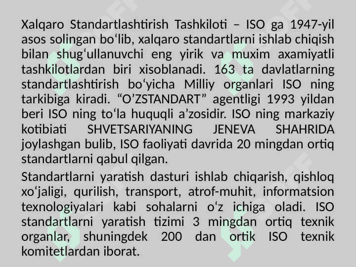 “Standartlashtirish to‘g‘risida”, “Mahsulot va xizmatlarni sertifikatlashtirish to‘g‘risida”, “Metrologiya to‘g‘risida” respublika qonuni, reyting tizimi to‘g‘risida. 4