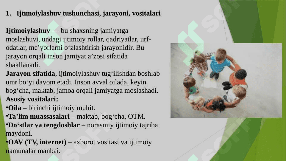 Ijtimoiylashuv tushunchasi, jarayoni, vositalari. Ijtimoiylashtirishning omillari va mexanizmlari. Ijtimoiylashtirishda xulqi og‘ishgan bolalar bilan ishlash metodlari. Milliy mentalitet va uning ijtimoiylashuvdagi roli. Ijtimoiylashuv jarayonida muhitning o‘rni. Ijtimoiy muhit bolani tarbiyalashning omili sifatida. Maktabgacha yosh davri – ijtimoiy hayot meʼyorlarini egallay boshlash davri. Maktabgacha ta’limda bolalarning ijtimoiylashuvi va uning tarixiy rivojlanishi. 2