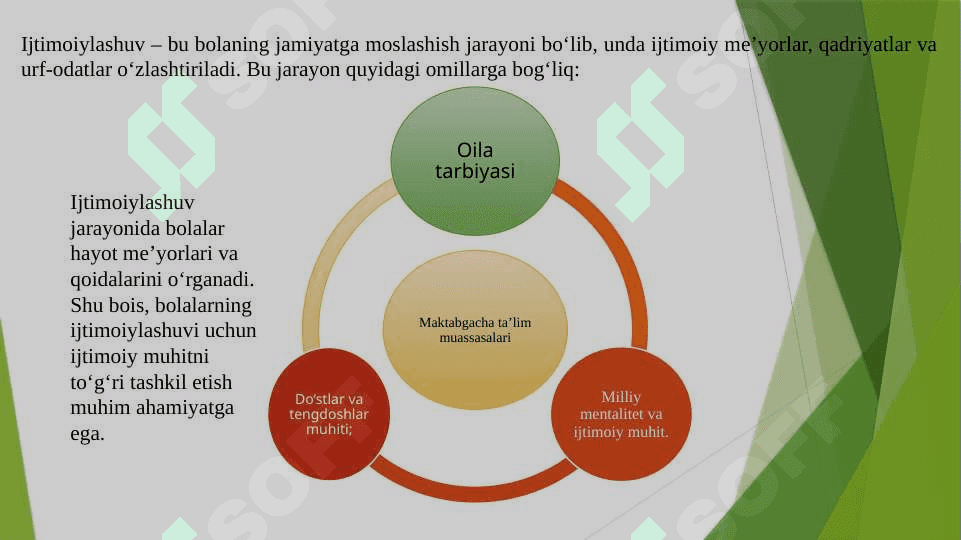 Ijtimoiylashuv tushunchasi, jarayoni, vositalari. Ijtimoiylashtirishning omillari va mexanizmlari. Ijtimoiylashtirishda xulqi og‘ishgan bolalar bilan ishlash metodlari. Milliy mentalitet va uning ijtimoiylashuvdagi roli. Ijtimoiylashuv jarayonida muhitning o‘rni. Ijtimoiy muhit bolani tarbiyalashning omili sifatida. Maktabgacha yosh davri – ijtimoiy hayot meʼyorlarini egallay boshlash davri. Maktabgacha ta’limda bolalarning ijtimoiylashuvi va uning tarixiy rivojlanishi. 3