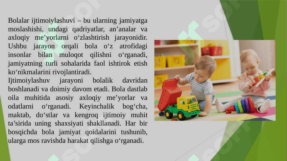 Ijtimoiylashuv tushunchasi, jarayoni, vositalari. Ijtimoiylashtirishning omillari va mexanizmlari. Ijtimoiylashtirishda xulqi og‘ishgan bolalar bilan ishlash metodlari. Milliy mentalitet va uning ijtimoiylashuvdagi roli. Ijtimoiylashuv jarayonida muhitning o‘rni. Ijtimoiy muhit bolani tarbiyalashning omili sifatida. Maktabgacha yosh davri – ijtimoiy hayot meʼyorlarini egallay boshlash davri. Maktabgacha ta’limda bolalarning ijtimoiylashuvi va uning tarixiy rivojlanishi. 4