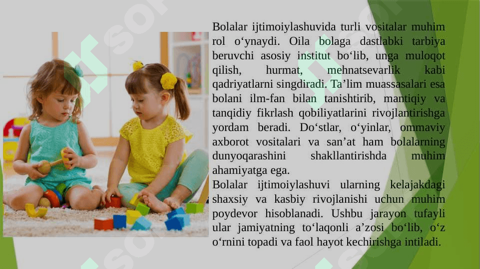 Ijtimoiylashuv tushunchasi, jarayoni, vositalari. Ijtimoiylashtirishning omillari va mexanizmlari. Ijtimoiylashtirishda xulqi og‘ishgan bolalar bilan ishlash metodlari. Milliy mentalitet va uning ijtimoiylashuvdagi roli. Ijtimoiylashuv jarayonida muhitning o‘rni. Ijtimoiy muhit bolani tarbiyalashning omili sifatida. Maktabgacha yosh davri – ijtimoiy hayot meʼyorlarini egallay boshlash davri. Maktabgacha ta’limda bolalarning ijtimoiylashuvi va uning tarixiy rivojlanishi. 5