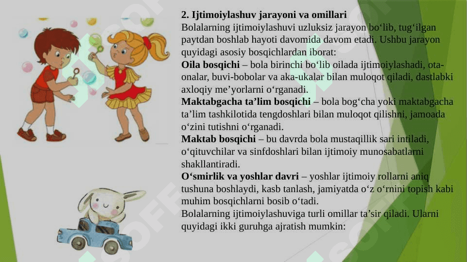Ijtimoiylashuv tushunchasi, jarayoni, vositalari. Ijtimoiylashtirishning omillari va mexanizmlari. Ijtimoiylashtirishda xulqi og‘ishgan bolalar bilan ishlash metodlari. Milliy mentalitet va uning ijtimoiylashuvdagi roli. Ijtimoiylashuv jarayonida muhitning o‘rni. Ijtimoiy muhit bolani tarbiyalashning omili sifatida. Maktabgacha yosh davri – ijtimoiy hayot meʼyorlarini egallay boshlash davri. Maktabgacha ta’limda bolalarning ijtimoiylashuvi va uning tarixiy rivojlanishi. 7