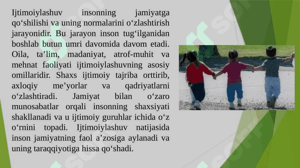 Ijtimoiylashuv tushunchasi, jarayoni, vositalari. Ijtimoiylashtirishning omillari va mexanizmlari. Ijtimoiylashtirishda xulqi og‘ishgan bolalar bilan ishlash metodlari. Milliy mentalitet va uning ijtimoiylashuvdagi roli. Ijtimoiylashuv jarayonida muhitning o‘rni. Ijtimoiy muhit bolani tarbiyalashning omili sifatida. Maktabgacha yosh davri – ijtimoiy hayot meʼyorlarini egallay boshlash davri. Maktabgacha ta’limda bolalarning ijtimoiylashuvi va uning tarixiy rivojlanishi. 8