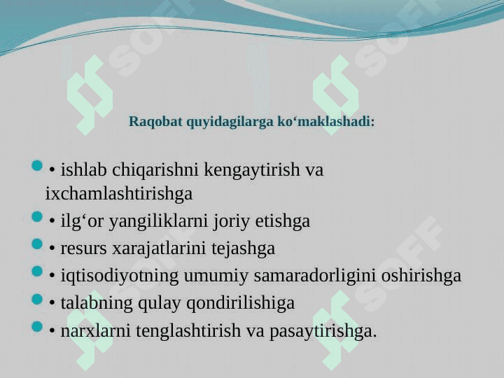 Bozor tuzilmasi mezonlari, monopoliya va mukammal raqobat 5