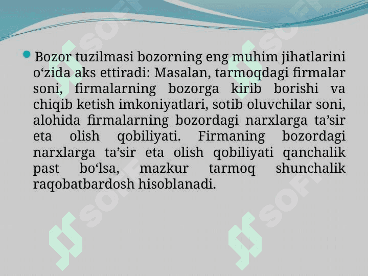 Bozor tuzilmasi mezonlari, monopoliya va mukammal raqobat 7