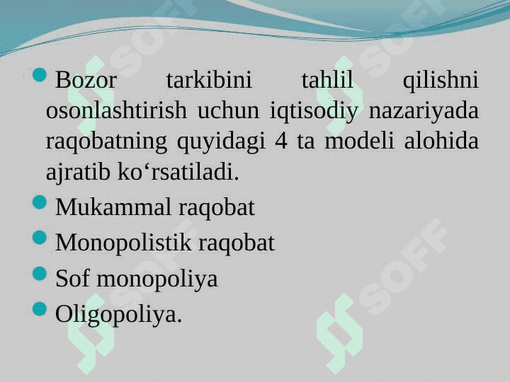 Bozor tuzilmasi mezonlari, monopoliya va mukammal raqobat 8