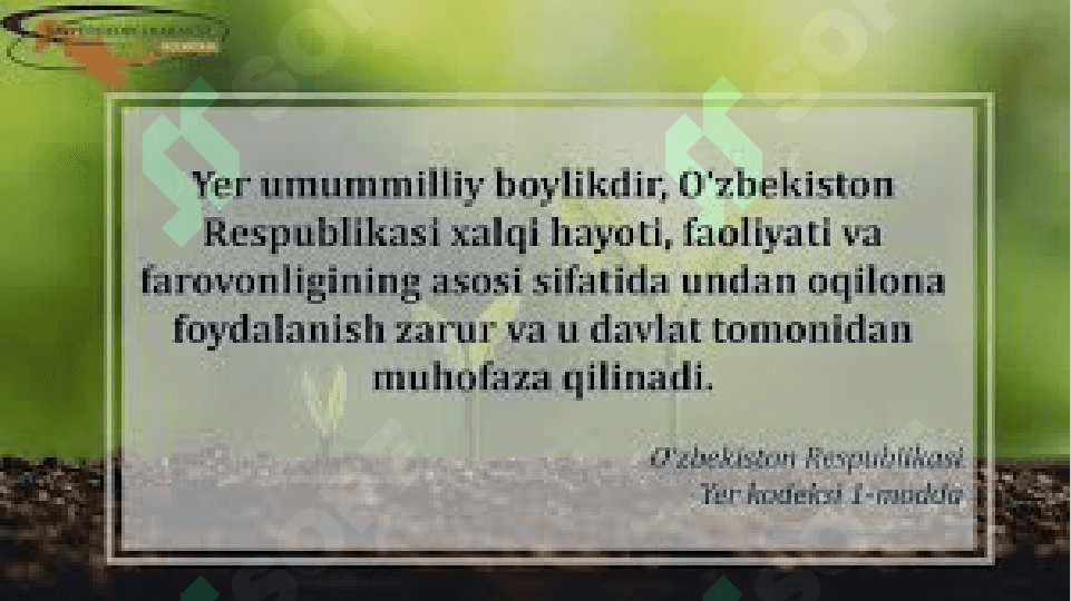 O’zbekiston Respublikasi qishloq xujaligida islohotlarnin  chuqurlashtirish borasidagi qonun va qarorlarni  o’rganish  va ishlab chiqarishda qullash 3