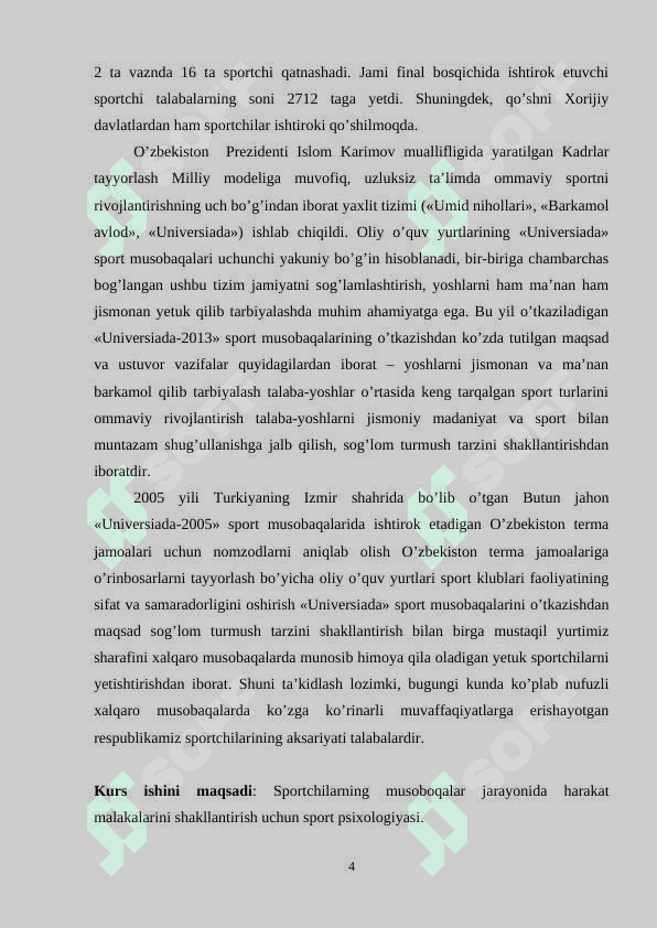 SPORTCHILARNING MUSOBOQALAR JARAYONIDA HARAKAT MALAKALARINI SHAKLLANTIRISH UCHUN SPORT PSIXOLOGIYASI FANINI TUTGAN O'RNI 4