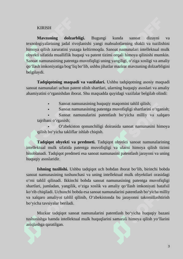 Mavzu: Sanoat namunasining patentga muvofiqligi shartlari 3