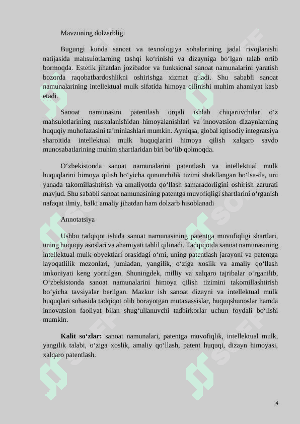 Mavzu: Sanoat namunasining patentga muvofiqligi shartlari 4
