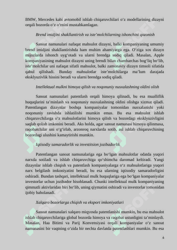 Mavzu: Sanoat namunasining patentga muvofiqligi shartlari 6