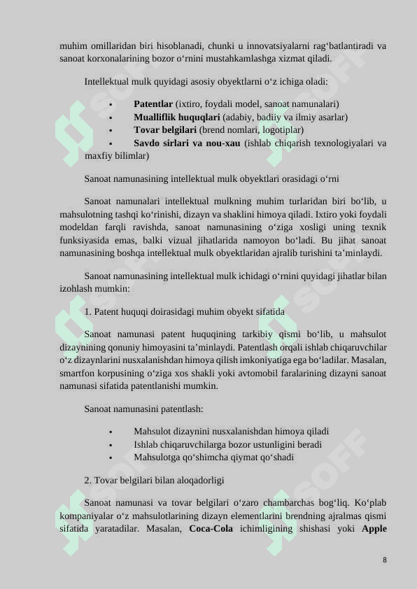 Mavzu: Sanoat namunasining patentga muvofiqligi shartlari 8