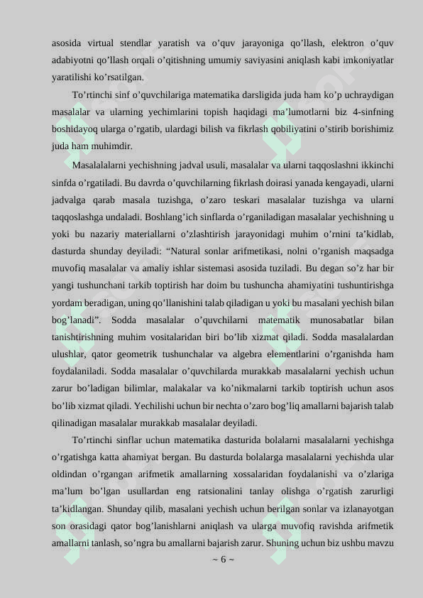 TO`RTINCHI SINFDA MATЕMATIKADAN SОDDA MASALALAR VA ULARNI YЕCHISHGA O`RGATISH MЕTОDIKASI 6