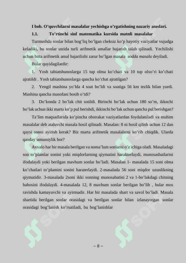 TO`RTINCHI SINFDA MATЕMATIKADAN SОDDA MASALALAR VA ULARNI YЕCHISHGA O`RGATISH MЕTОDIKASI 8