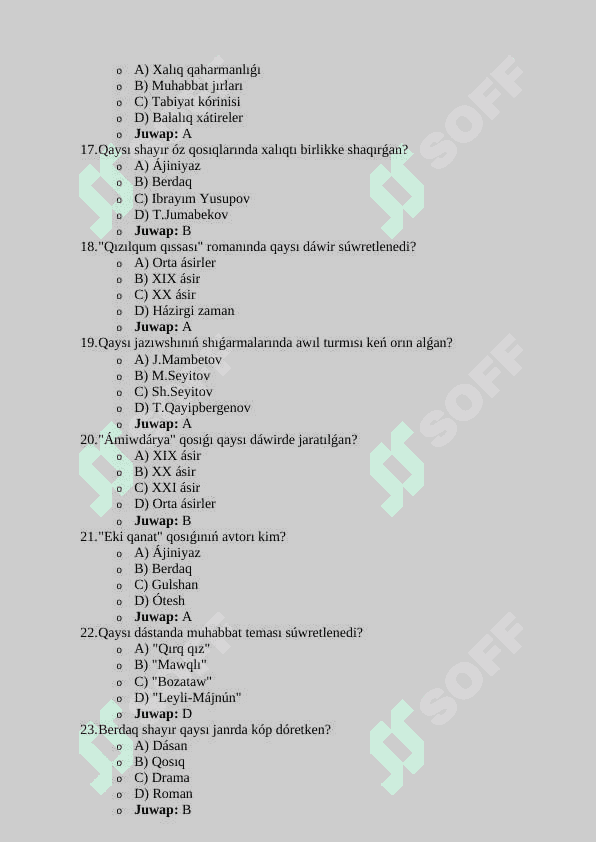 Qaraqalpaq adabiyoti páninen 70 test 3