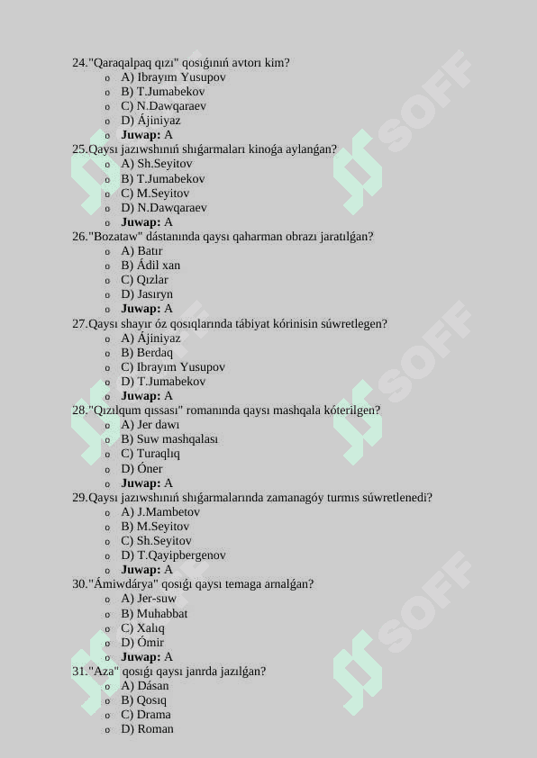 Qaraqalpaq adabiyoti páninen 70 test 4