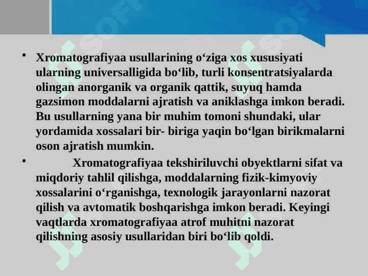 Miqdoriy tahlilning xromatografik usullari. Ion almashinish, gaz va yuqori samarali suyuqlik xromatografiyasi 4