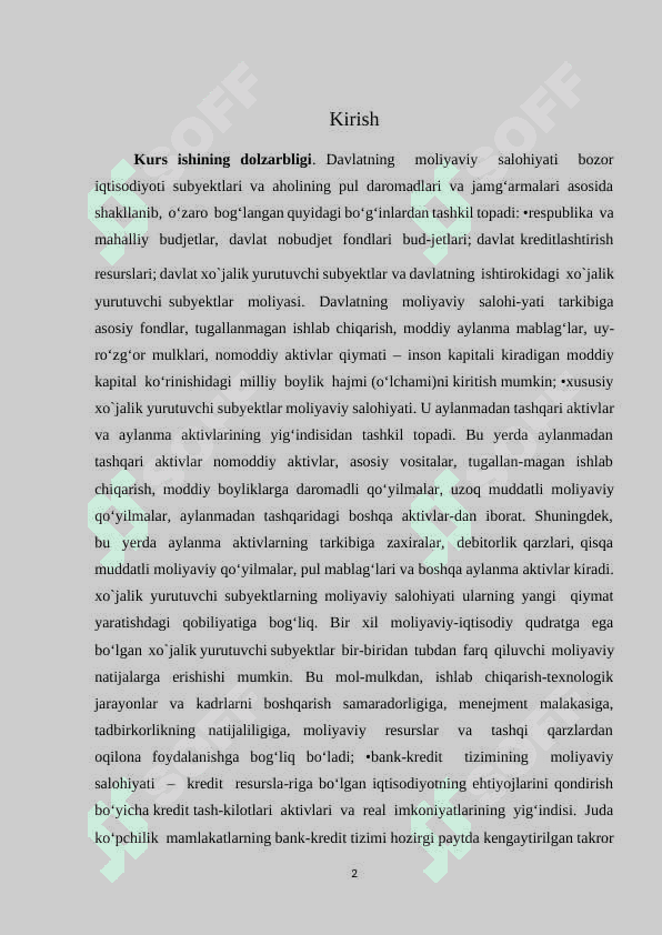 DAVLATNING MOLIYAVIY SALOHIYATI VA UNING XO`JALIK YURUTUVCHI SUBYEKTLAR MOLIYASI BILAN O`ZARO BO`G`LIQLIGI 2