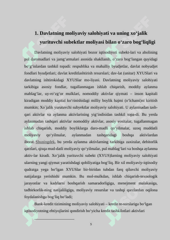 DAVLATNING MOLIYAVIY SALOHIYATI VA UNING XO`JALIK YURUTUVCHI SUBYEKTLAR MOLIYASI BILAN O`ZARO BO`G`LIQLIGI 5