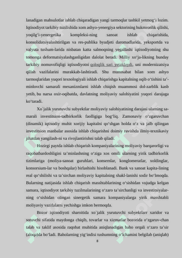 DAVLATNING MOLIYAVIY SALOHIYATI VA UNING XO`JALIK YURUTUVCHI SUBYEKTLAR MOLIYASI BILAN O`ZARO BO`G`LIQLIGI 8