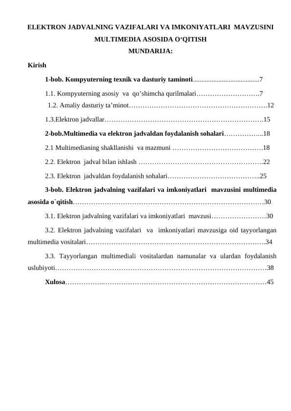 ELEKTRON JADVALNING VAZIFALARI VA IMKONIYATLARI  MAVZUSINI MULTIMEDIA ASOSIDA O‘QITISH