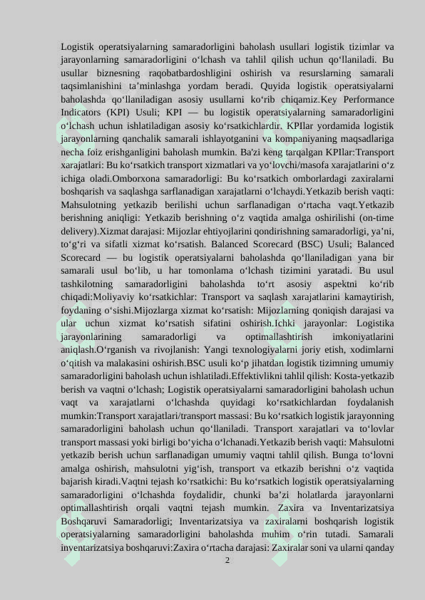 Logistik operatsiyalarning samaradorligini baholash usullari 2