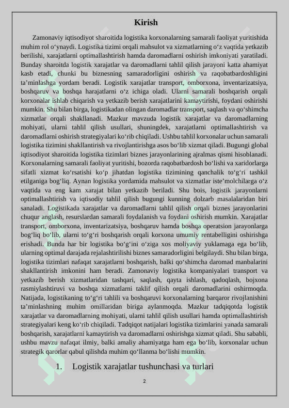 Logistikada xarajatlar va daromadlarni tahlil qilish. 2
