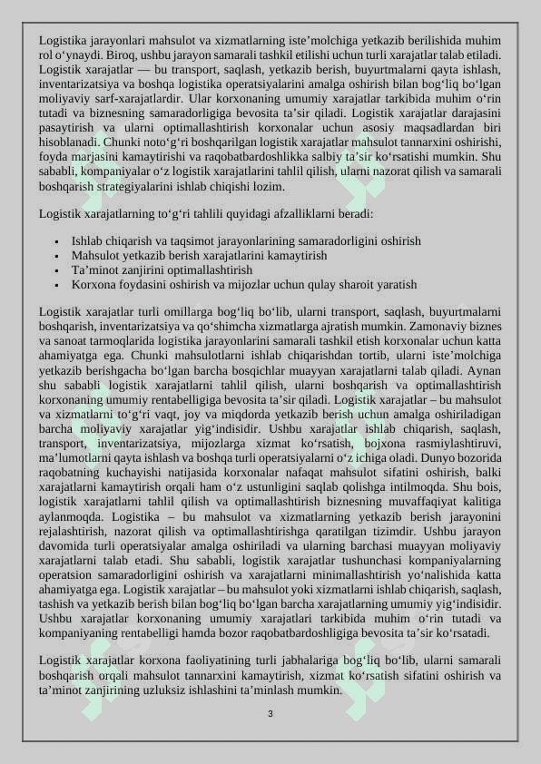 Logistikada xarajatlar va daromadlarni tahlil qilish. 3