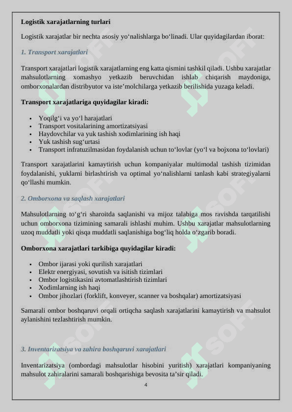 Logistikada xarajatlar va daromadlarni tahlil qilish. 4