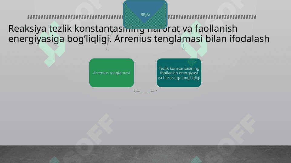 Reaksiya tezlik konstantasining harorat va faollanish energiyasiga bog’liqligi. Arrenius tenglamasi bilan ifodalash 2