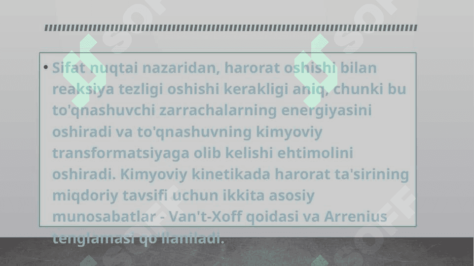 Reaksiya tezlik konstantasining harorat va faollanish energiyasiga bog’liqligi. Arrenius tenglamasi bilan ifodalash 4