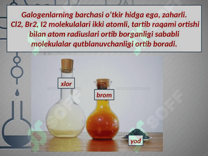 Xlor, brom, yodning suv bilan ta’sirlashuvi. 4