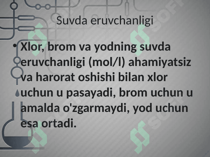 Xlor, brom, yodning suv bilan ta’sirlashuvi. 6