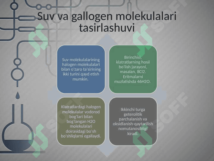 Xlor, brom, yodning suv bilan ta’sirlashuvi. 7