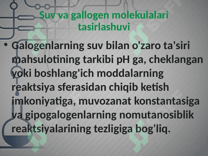 Xlor, brom, yodning suv bilan ta’sirlashuvi. 8