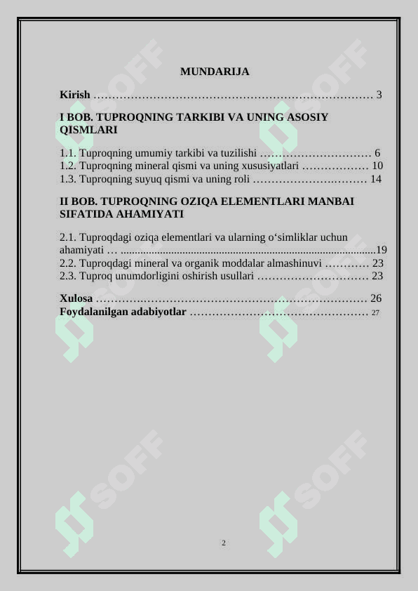 Tuproqning tarkibi, uning mineral va suyuq qismlari oziq elementlari manbai sifatida 2