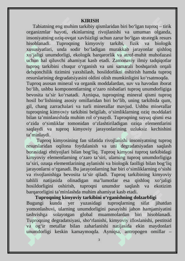Tuproqning tarkibi, uning mineral va suyuq qismlari oziq elementlari manbai sifatida 3